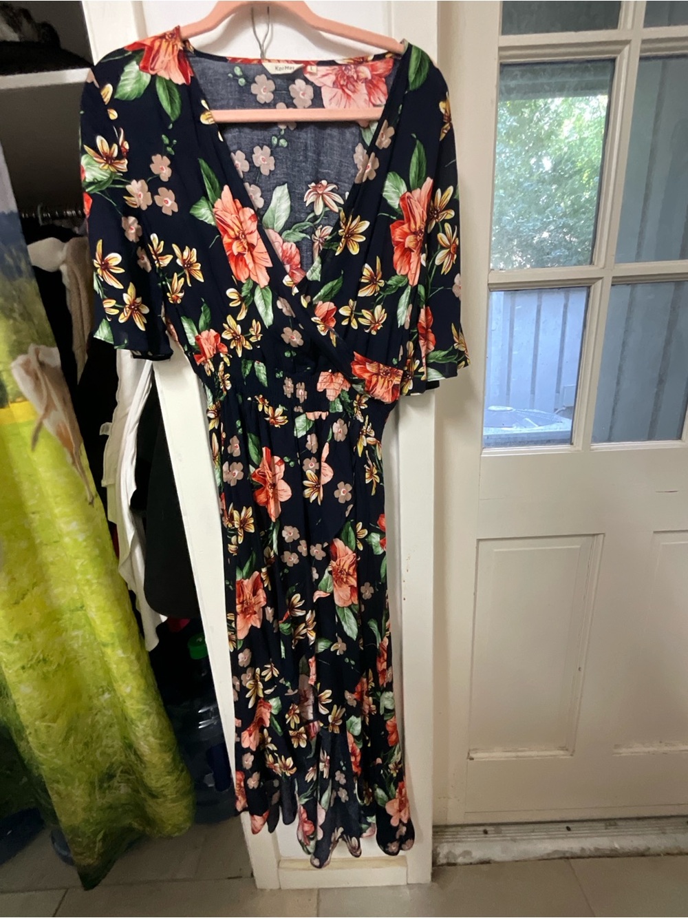 Navy Floral Wrap Midi Dress - Elegant V-Neck